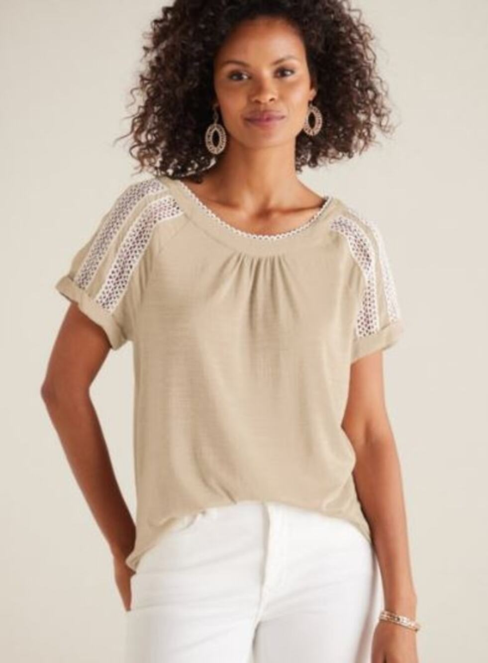 Soft Surroundings Halle Top Womens Size 3X Beige Short Sleeve Lace Blouse